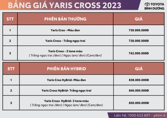 Bang gia Yaris Cross